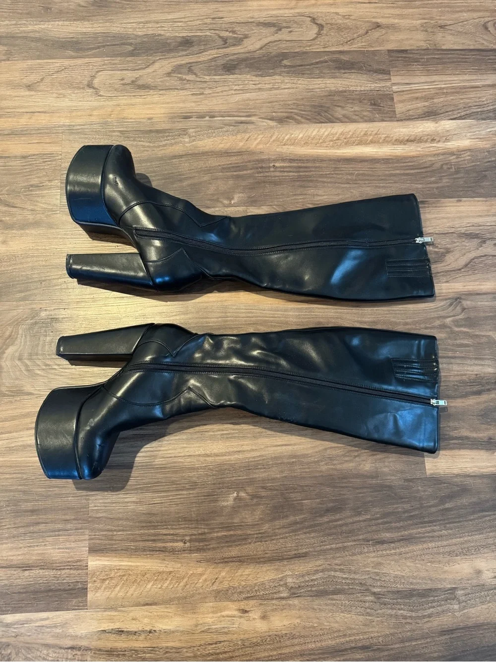 Black Platform Knee-High Boots with High Block Heel